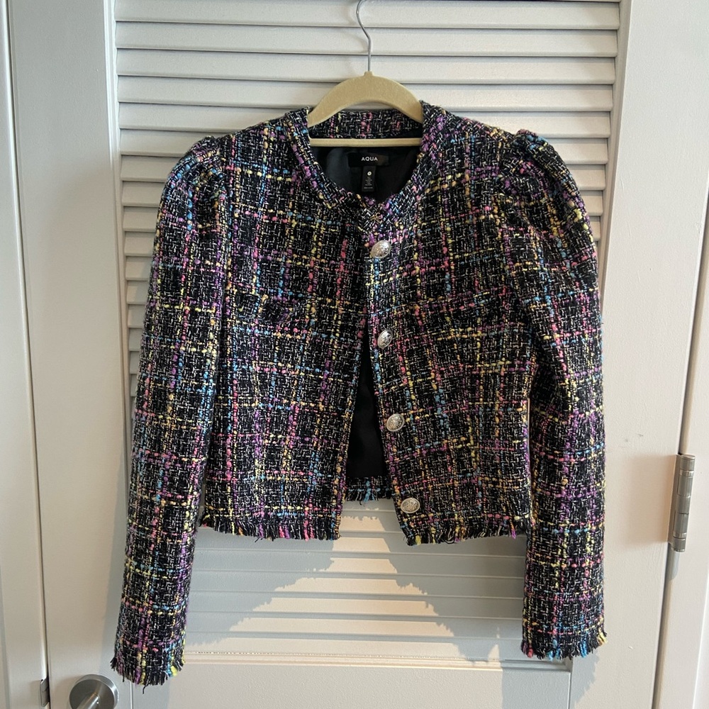 Aqua | tweed double breasted cropped blazer | rainbow